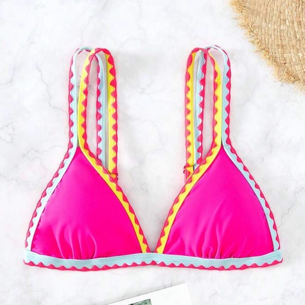Vibrant Pink Bikini Top with Multicolor Trim